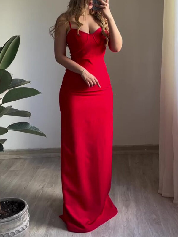 Red Sexy Back Slit Suspender Maxi Dress - Image 3