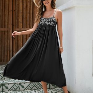 Women's Bohemian Maxi Dress - Breathable Rayon Fabric With Embroidered Bust And Elastic Back, Flowy Skirt In Black, White, And Green