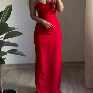 Red Sexy Back Slit Suspender Maxi Dress