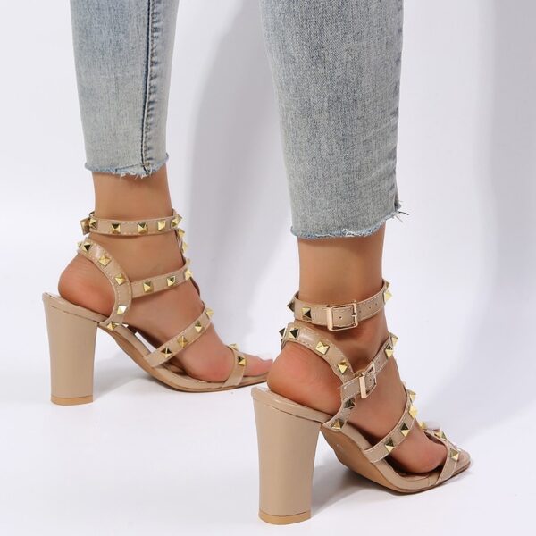 Rivet Sandals Women Buckle Strap Square-toe High Heels Shoes Gladiator - Image 4
