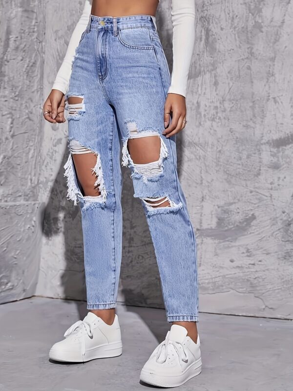 Casual High Waist Ripped Denim Trousers - Image 5