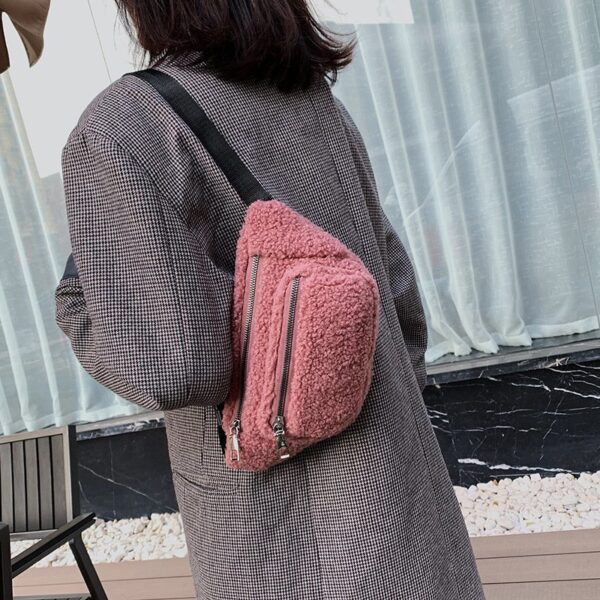 Winter Crossbody Bags for Women Plush Shoulder Bag Ladies Solid Color Faux Fur Chest Purse Women Waist Bag - Image 5