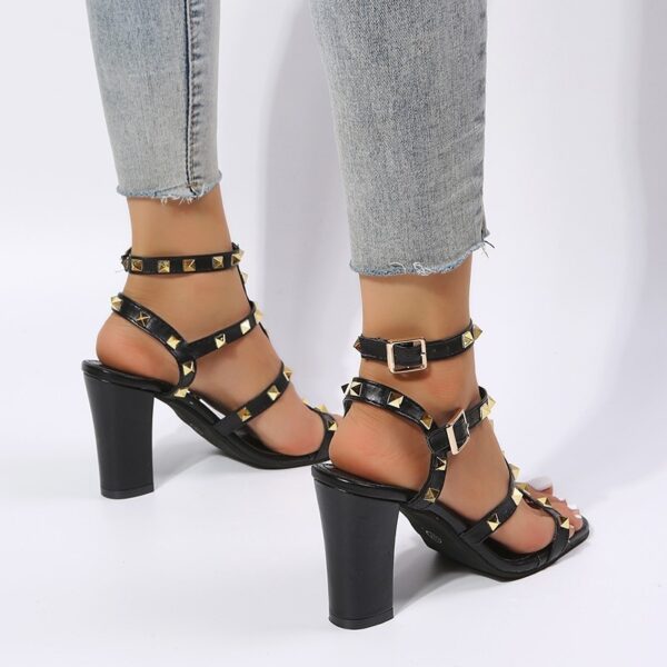 Rivet Sandals Women Buckle Strap Square-toe High Heels Shoes Gladiator - Image 3
