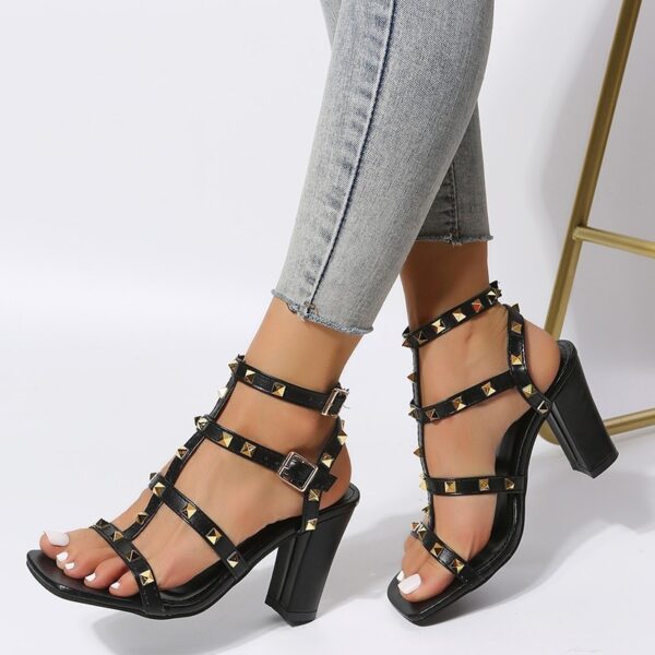 Rivet Sandals Women Buckle Strap Square-toe High Heels Shoes Gladiator - Image 5
