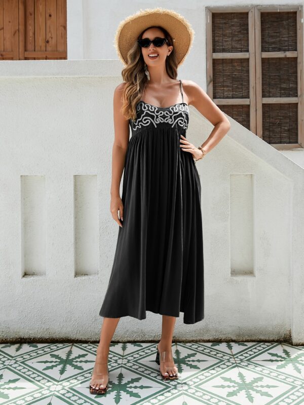 Women's Bohemian Maxi Dress - Breathable Rayon Fabric With Embroidered Bust And Elastic Back, Flowy Skirt In Black, White, And Green - Image 6