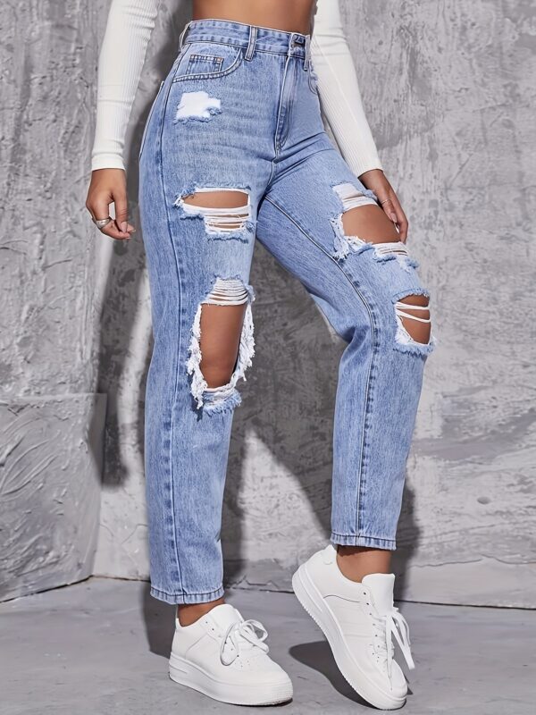 Casual High Waist Ripped Denim Trousers - Image 2