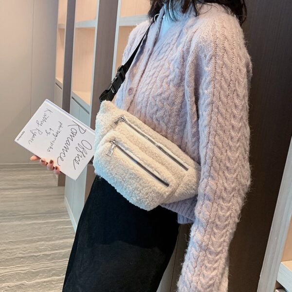 Winter Crossbody Bags for Women Plush Shoulder Bag Ladies Solid Color Faux Fur Chest Purse Women Waist Bag - Image 3