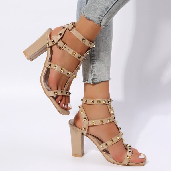Rivet Sandals Women Buckle Strap Square-toe High Heels Shoes Gladiator - Image 2