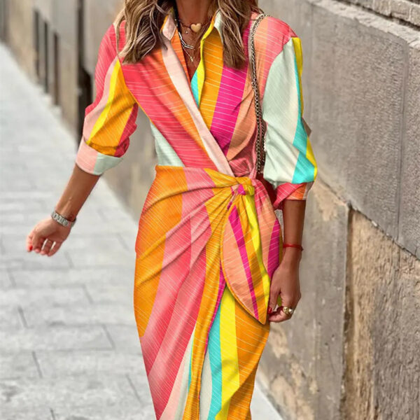 Fashion Printed Shirt Dress With Belt Slim Fit Three-quarter Sleeve Lapel Dress For Women Clothing - Image 7