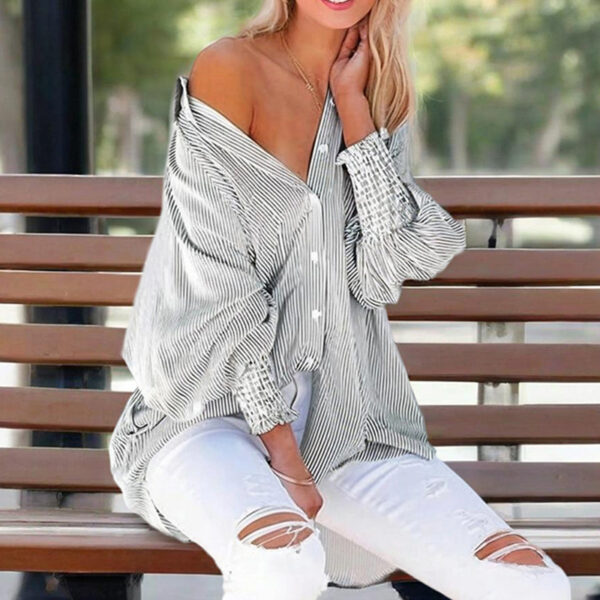 Women's Casual Striped Long Sleeve Shirt With Button-Down Collar & Knit Cuff Detail - Classic Spring&Fall Blouse - Image 4