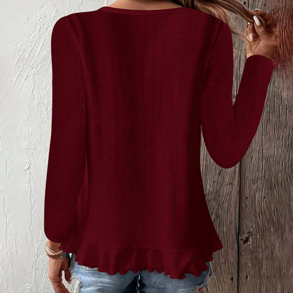 Women Eyelet Long Sleeve Tops Shirts Dressy Casual Crew Neck Ruffle Hem Blouses - Image 2