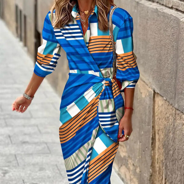 Fashion Printed Shirt Dress With Belt Slim Fit Three-quarter Sleeve Lapel Dress For Women Clothing - Image 8