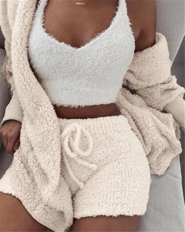 3pcs Womens Clothing Long Sleeve Crop Tank Top And Drawstring Shorts Pajama Set - Image 6