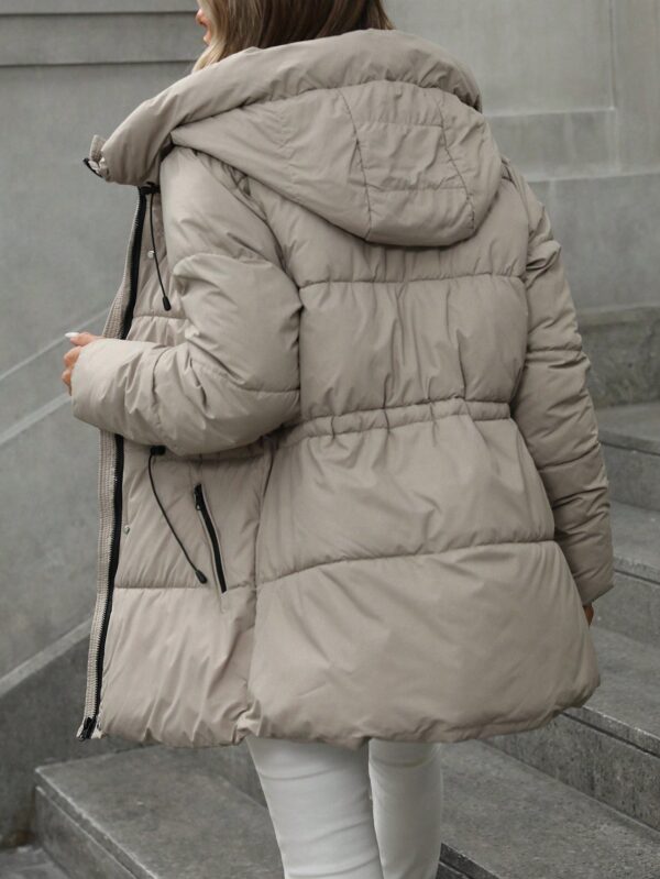 Casual Adjustable Waist Quilted Mid-Length Hooded Padded Padded Coat Clothes Winter For Women - Image 3