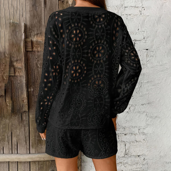 Women's Solid Color Elegant V-Neck Lace Long Sleeve Blouse & Shorts Set - Summer Casual Minimalist Outfit - Image 7