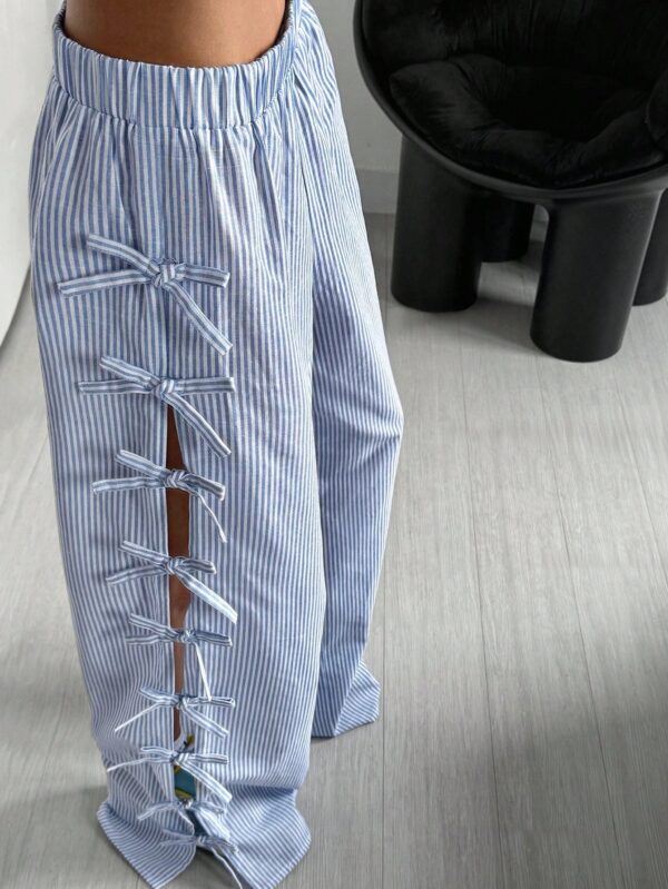 Waist Side Tie Bow Striped Wide Leg Pants - Image 6