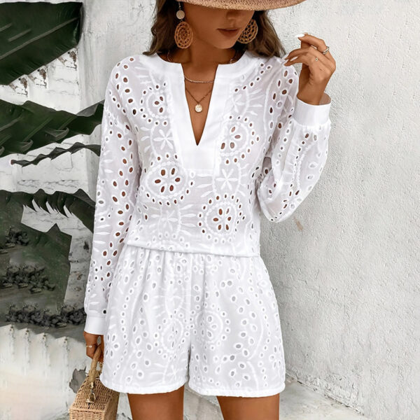 Women's Solid Color Elegant V-Neck Lace Long Sleeve Blouse & Shorts Set - Summer Casual Minimalist Outfit - Image 5