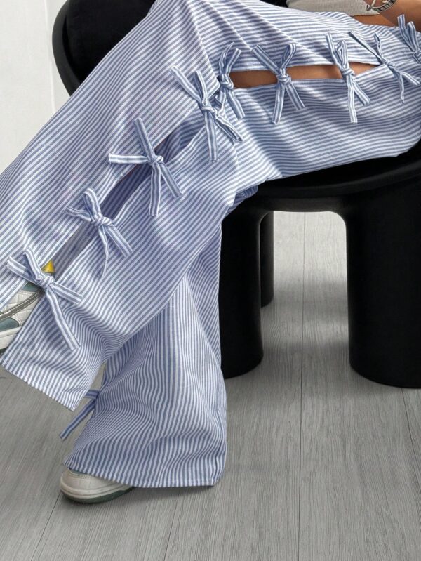 Waist Side Tie Bow Striped Wide Leg Pants - Image 4