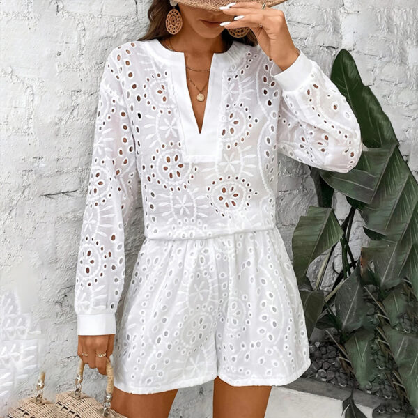 Women's Solid Color Elegant V-Neck Lace Long Sleeve Blouse & Shorts Set - Summer Casual Minimalist Outfit - Image 8