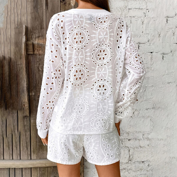 Women's Solid Color Elegant V-Neck Lace Long Sleeve Blouse & Shorts Set - Summer Casual Minimalist Outfit - Image 6