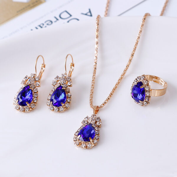 Water drop rhinestone necklace earrings ring set - Image 2