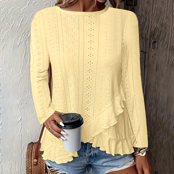 Women Eyelet Long Sleeve Tops Shirts Dressy Casual Crew Neck Ruffle Hem Blouses - Image 4