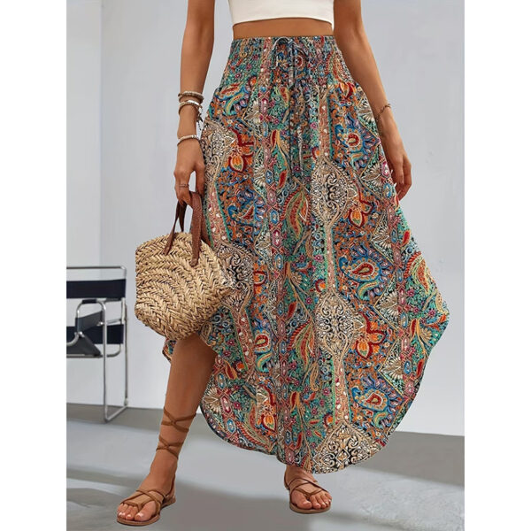 Women's High Elastic Waist Midi Skirt Casual Summer Trendy Tie Front Flowy Floral Print Beach Long Skirt - Image 9