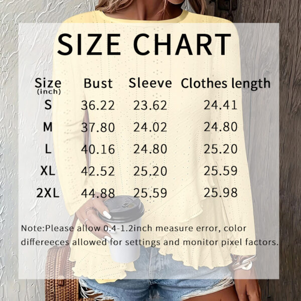 Women Eyelet Long Sleeve Tops Shirts Dressy Casual Crew Neck Ruffle Hem Blouses - Image 8