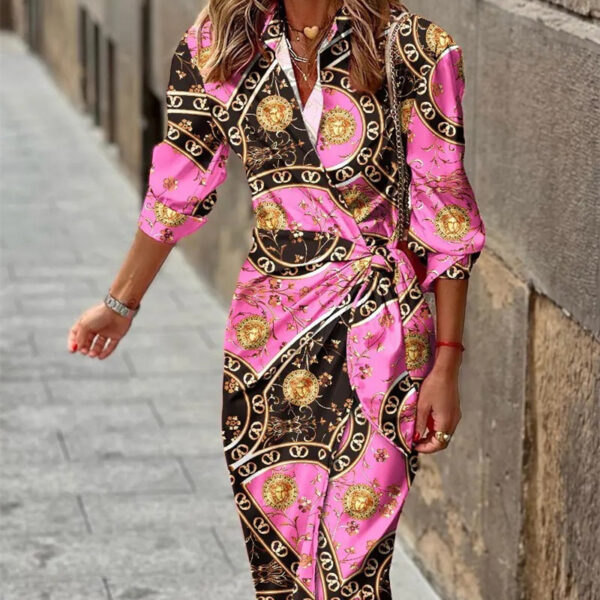 Fashion Printed Shirt Dress With Belt Slim Fit Three-quarter Sleeve Lapel Dress For Women Clothing - Image 10