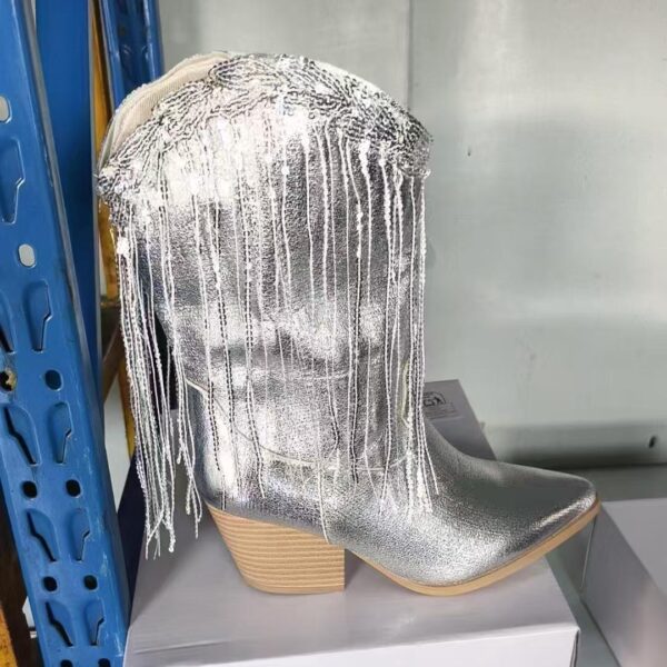 European And American Fashion Middle Fashion Boots Female Retro Chunky Heel Pleated Western Knight - Image 3