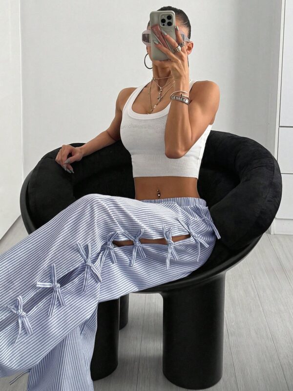 Waist Side Tie Bow Striped Wide Leg Pants - Image 2