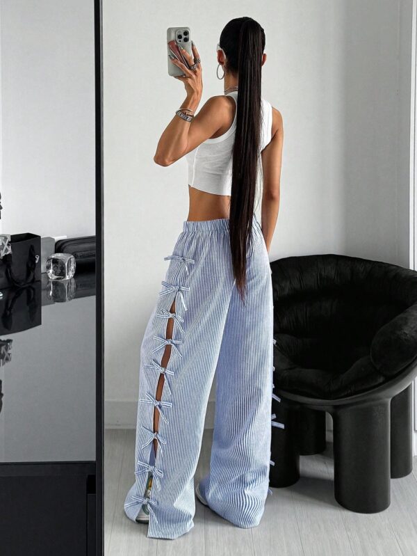 Waist Side Tie Bow Striped Wide Leg Pants - Image 3