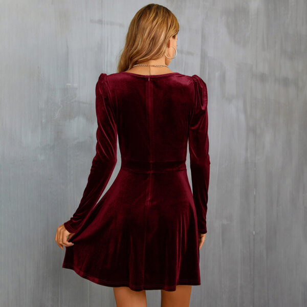 V-neck Tight Waist A- Line Long Sleeve Velvet Dress - Image 10