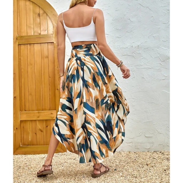Women's High Elastic Waist Midi Skirt Casual Summer Trendy Tie Front Flowy Floral Print Beach Long Skirt - Image 3
