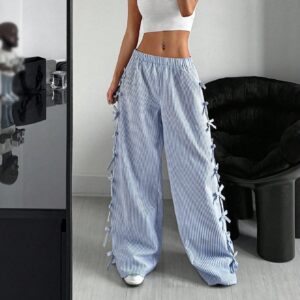 Waist Side Tie Bow Striped Wide Leg Pants