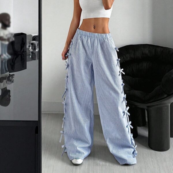 Waist Side Tie Bow Striped Wide Leg Pants