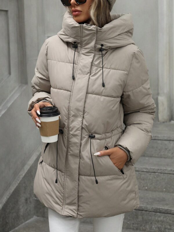 Casual Adjustable Waist Quilted Mid-Length Hooded Padded Padded Coat Clothes Winter For Women - Image 2
