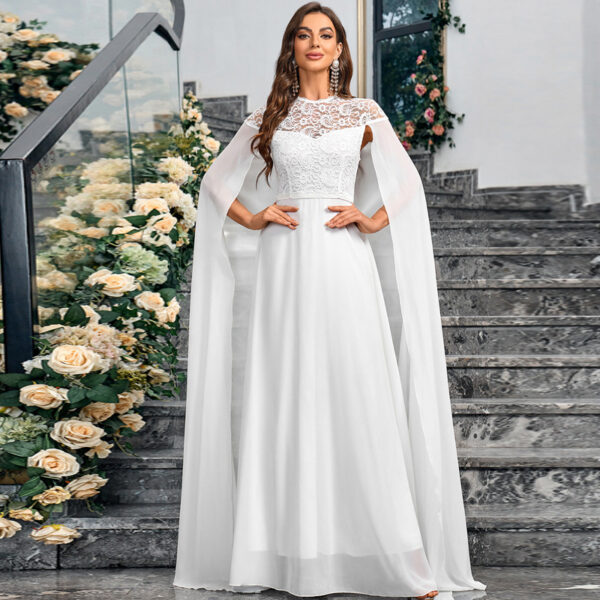 Women's Plus Size Solid Color Elegant Chiffon Round Neck Lace Stitching Cloak Evening Dress - Image 4