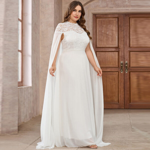 Women's Plus Size Solid Color Elegant Chiffon Round Neck Lace Stitching Cloak Evening Dress - Image 2