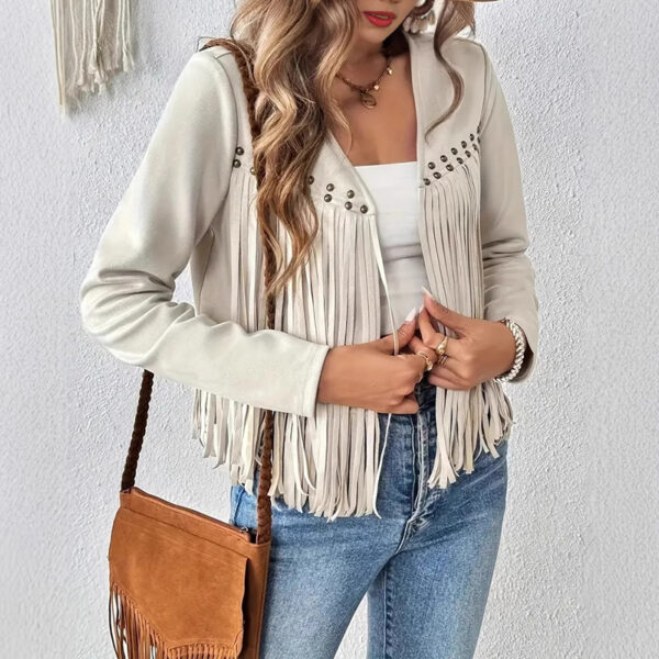 Women's Faux Suede Fringe Trim Long Sleeve Open Front Cardigan Jacket Western Concert Outfits - Image 2