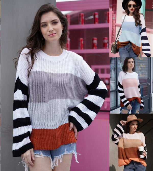 Women's Color Stitching Knit Pullover Loose Sweater - Image 7
