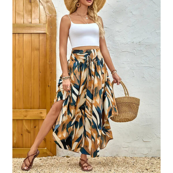 Women's High Elastic Waist Midi Skirt Casual Summer Trendy Tie Front Flowy Floral Print Beach Long Skirt - Image 7