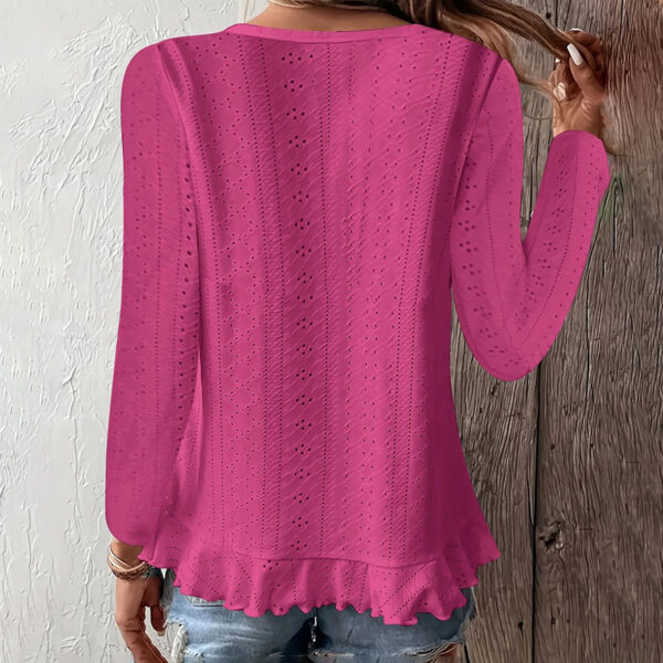 Women Eyelet Long Sleeve Tops Shirts Dressy Casual Crew Neck Ruffle Hem Blouses - Image 9