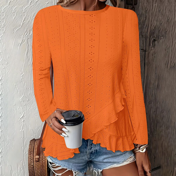 Women Eyelet Long Sleeve Tops Shirts Dressy Casual Crew Neck Ruffle Hem Blouses - Image 5