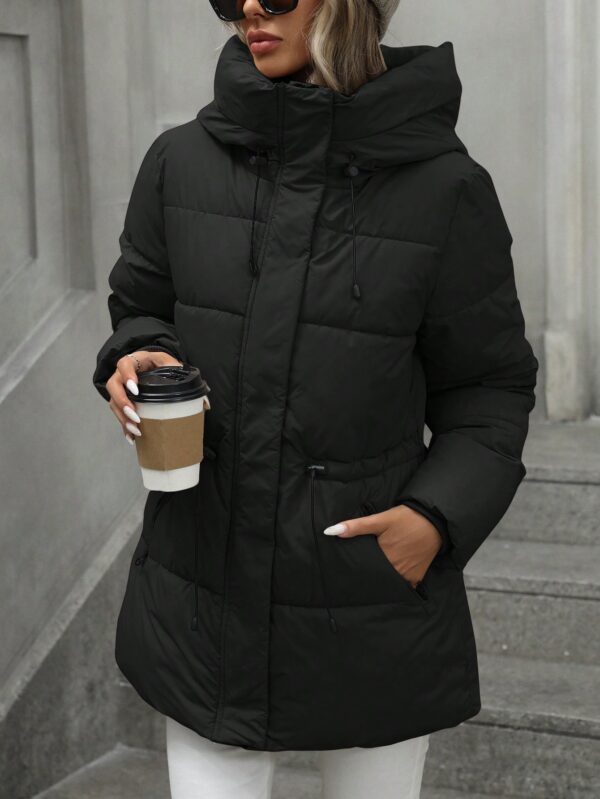 Casual Adjustable Waist Quilted Mid-Length Hooded Padded Padded Coat Clothes Winter For Women - Image 6