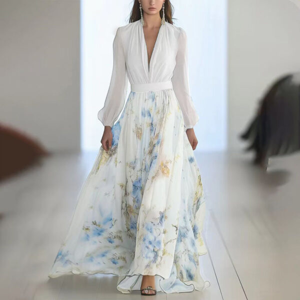 Women's Deep V-Neck Floral Print Boho Maxi Dress With Long Sleeves - A-Line Waist Ruffle Hem Dress For Spring&Summer Vacation - Image 4