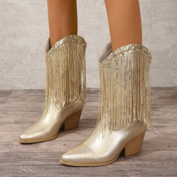 European And American Fashion Middle Fashion Boots Female Retro Chunky Heel Pleated Western Knight - Image 5